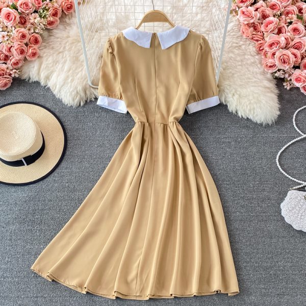 Korean Chic Summer Retro French Art Younger Contrast-Color Doll Collar Loose Slimming Puff Sleeve Dress for Women - Image 5
