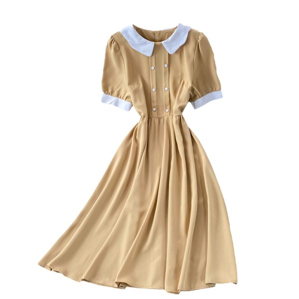 Korean Chic Summer Retro French Art Younger Contrast-Color Doll Collar Loose Slimming Puff Sleeve Dress for Women - Image 6
