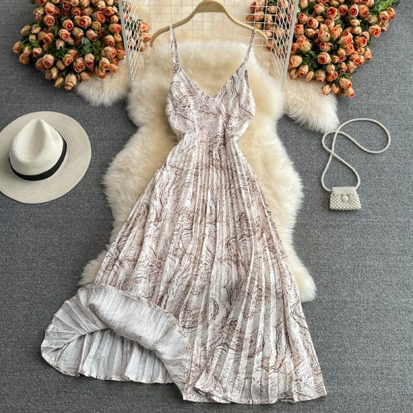 Seaside Holiday Floral Slip Dress Vest Chiffon Pleated Dress Women’s Summer Slimming Temperament Fairy Long Dress - Image 2