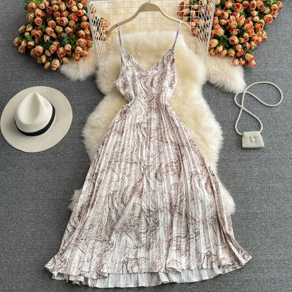 Seaside Holiday Floral Slip Dress Vest Chiffon Pleated Dress Women’s Summer Slimming Temperament Fairy Long Dress - Image 5