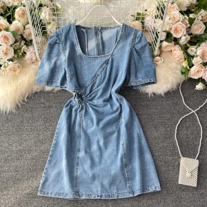 Korean style square neck puff sleeve design sense of hollow waist high waist waist slimming denim dress women