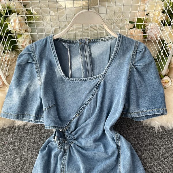 Korean style square neck puff sleeve design sense of hollow waist high waist waist slimming denim dress women - Image 3