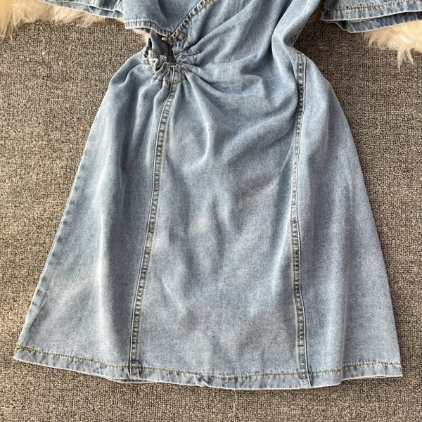 Korean style square neck puff sleeve design sense of hollow waist high waist waist slimming denim dress women - Image 4