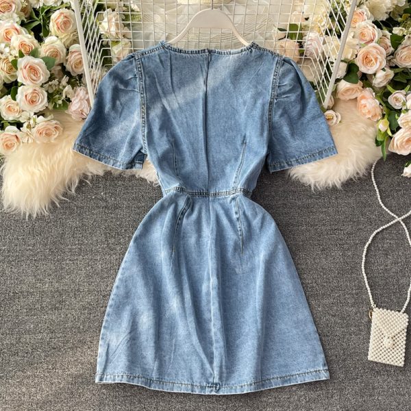 Korean style square neck puff sleeve design sense of hollow waist high waist waist slimming denim dress women - Image 5