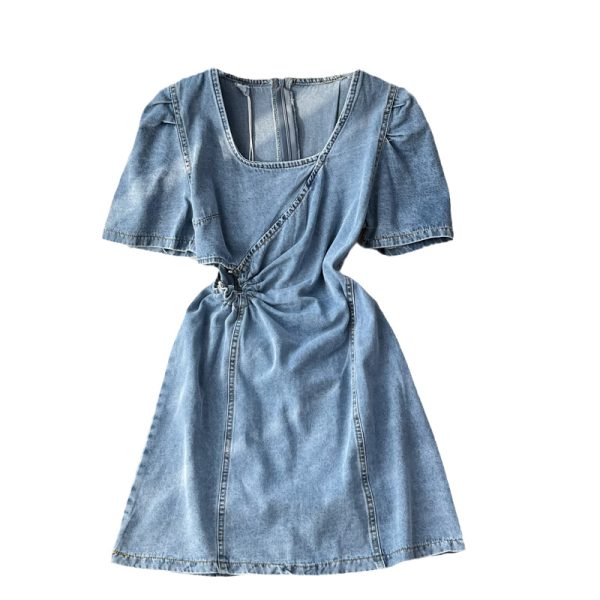 Korean style square neck puff sleeve design sense of hollow waist high waist waist slimming denim dress women - Image 6