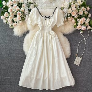 French Style Retro Square Collar Bow Puff Sleeve Dress Summer New Girl Age-Reducing Sweet Large Swing Dress