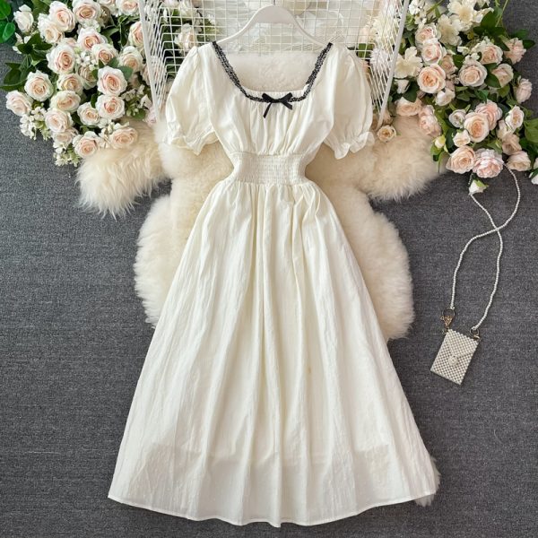 French Style Retro Square Collar Bow Puff Sleeve Dress Summer New Girl Age-Reducing Sweet Large Swing Dress