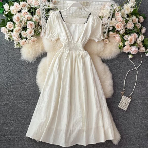French Style Retro Square Collar Bow Puff Sleeve Dress Summer New Girl Age-Reducing Sweet Large Swing Dress - Image 5