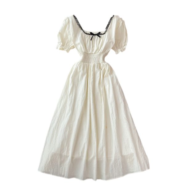 French Style Retro Square Collar Bow Puff Sleeve Dress Summer New Girl Age-Reducing Sweet Large Swing Dress - Image 6