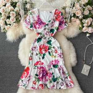 Summer New Lightly Mature Elegant V-neck Women’s Waist Slimming Slim Fit Sheath Print Fishtail Dress