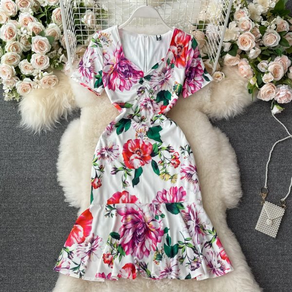 Summer New Lightly Mature Elegant V-neck Women’s Waist Slimming Slim Fit Sheath Print Fishtail Dress - Image 2