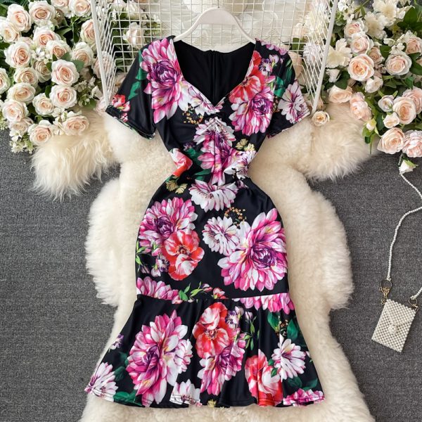 Summer New Lightly Mature Elegant V-neck Women’s Waist Slimming Slim Fit Sheath Print Fishtail Dress - Image 3