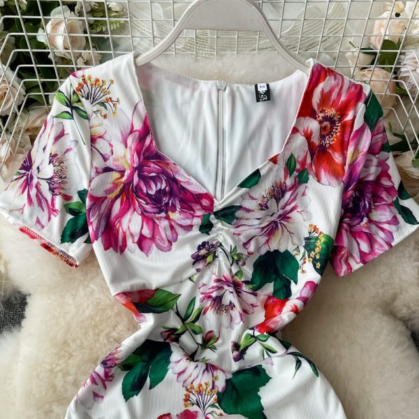 Summer New Lightly Mature Elegant V-neck Women’s Waist Slimming Slim Fit Sheath Print Fishtail Dress - Image 4