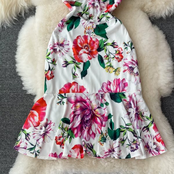 Summer New Lightly Mature Elegant V-neck Women’s Waist Slimming Slim Fit Sheath Print Fishtail Dress - Image 5