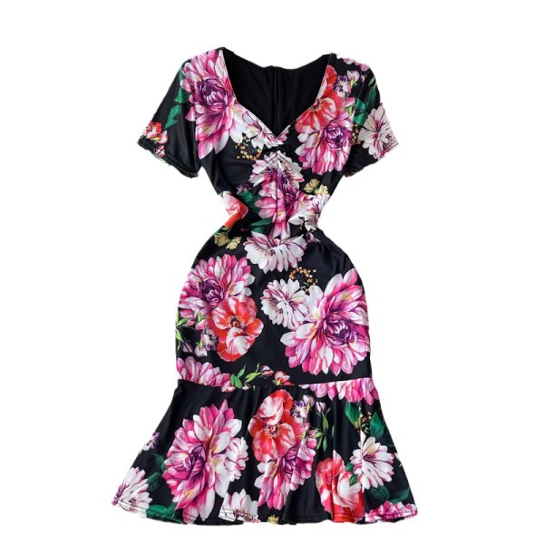 Summer New Lightly Mature Elegant V-neck Women’s Waist Slimming Slim Fit Sheath Print Fishtail Dress - Image 6