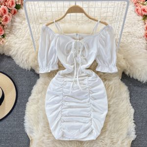 French Dress Summer Small Square Collar Puff Sleeve Pleated Slim Fit Slimming Temperament Sheath Skirt