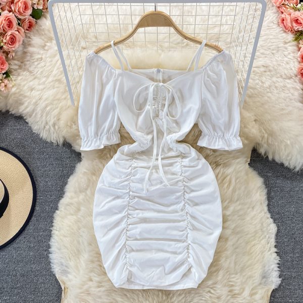 French Dress Summer Small Square Collar Puff Sleeve Pleated Slim Fit Slimming Temperament Sheath Skirt - Image 2