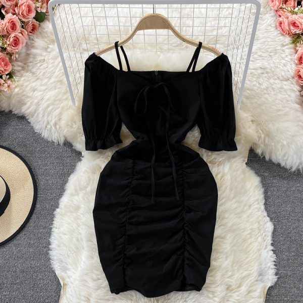 French Dress Summer Small Square Collar Puff Sleeve Pleated Slim Fit Slimming Temperament Sheath Skirt - Image 3