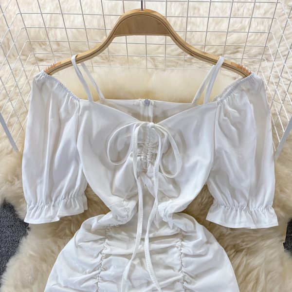 French Dress Summer Small Square Collar Puff Sleeve Pleated Slim Fit Slimming Temperament Sheath Skirt - Image 4