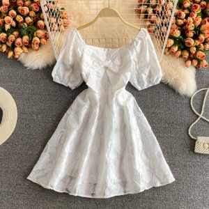 Bow White Square-Cut Collar Dress Summer New French Slimming Gentle First Love Skirt Puff Sleeve Elegant A- line Skirt