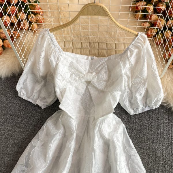Bow White Square-Cut Collar Dress Summer New French Slimming Gentle First Love Skirt Puff Sleeve Elegant A- line Skirt - Image 3