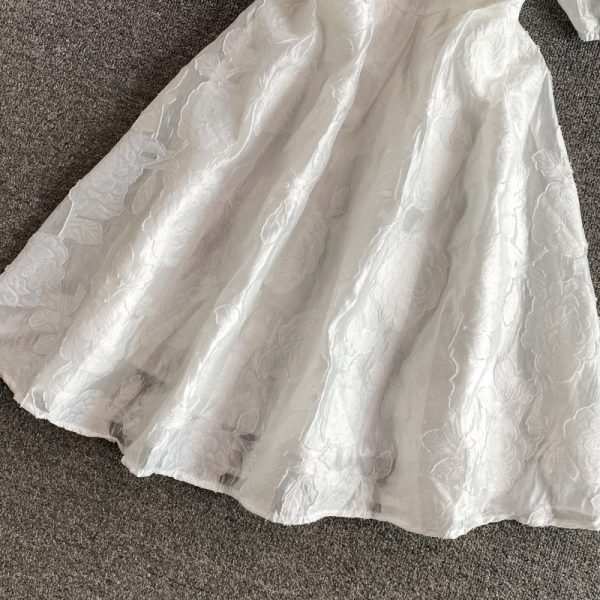 Bow White Square-Cut Collar Dress Summer New French Slimming Gentle First Love Skirt Puff Sleeve Elegant A- line Skirt - Image 4