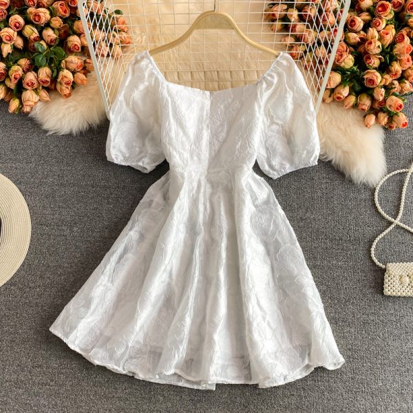 Bow White Square-Cut Collar Dress Summer New French Slimming Gentle First Love Skirt Puff Sleeve Elegant A- line Skirt - Image 5
