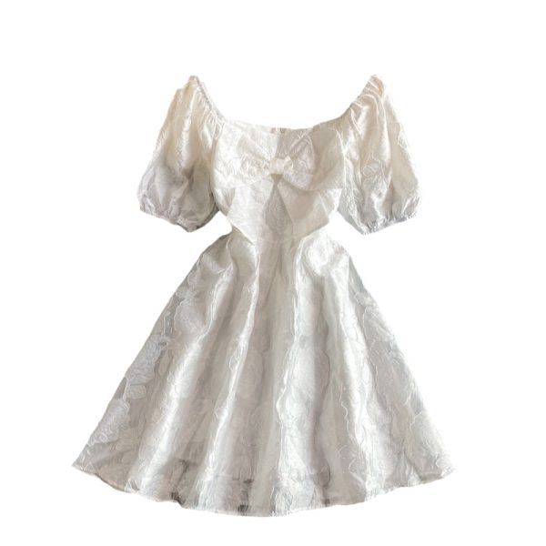 Bow White Square-Cut Collar Dress Summer New French Slimming Gentle First Love Skirt Puff Sleeve Elegant A- line Skirt - Image 6