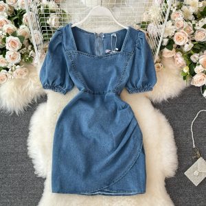 Denim Dress Woman Square-Neck Puff Sleeve Summer New Retro Temperament High Waist Slimming A- Line Skirt Fashion