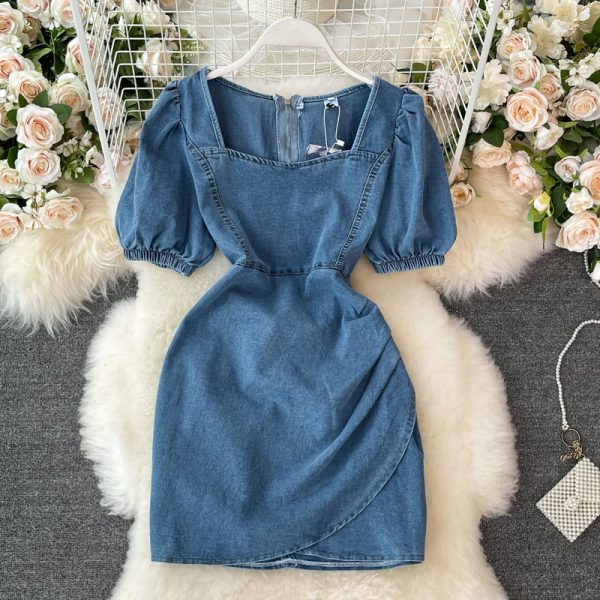 Denim Dress Woman Square-Neck Puff Sleeve Summer New Retro Temperament High Waist Slimming A- Line Skirt Fashion - Image 2