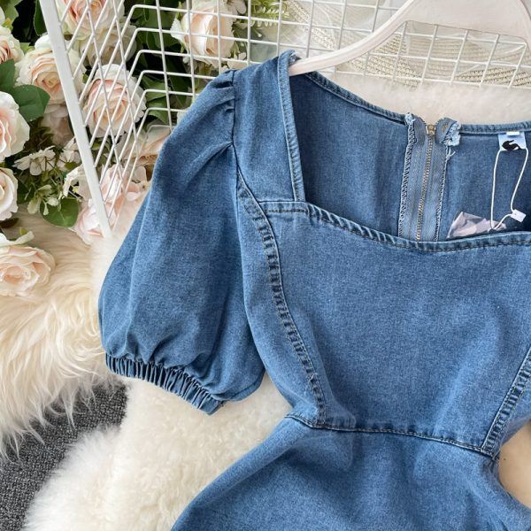 Denim Dress Woman Square-Neck Puff Sleeve Summer New Retro Temperament High Waist Slimming A- Line Skirt Fashion - Image 3