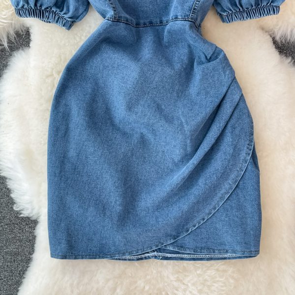 Denim Dress Woman Square-Neck Puff Sleeve Summer New Retro Temperament High Waist Slimming A- Line Skirt Fashion - Image 4