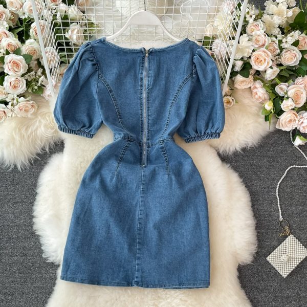 Denim Dress Woman Square-Neck Puff Sleeve Summer New Retro Temperament High Waist Slimming A- Line Skirt Fashion - Image 5