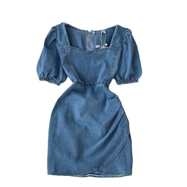 Denim Dress Woman Square-Neck Puff Sleeve Summer New Retro Temperament High Waist Slimming A- Line Skirt Fashion - Image 6