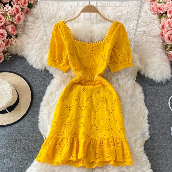 Summer New Square Collar Puff Sleeve Hollow Crocheted Ruffled Waist Slim Fit Temperament Sheath Dress Short Sleeve