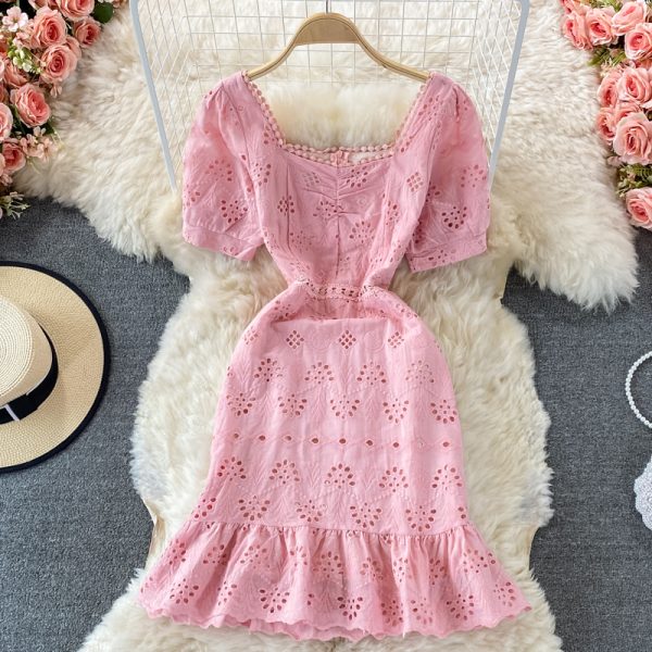 Summer New Square Collar Puff Sleeve Hollow Crocheted Ruffled Waist Slim Fit Temperament Sheath Dress Short Sleeve - Image 3