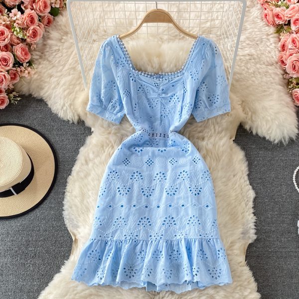 Summer New Square Collar Puff Sleeve Hollow Crocheted Ruffled Waist Slim Fit Temperament Sheath Dress Short Sleeve - Image 4