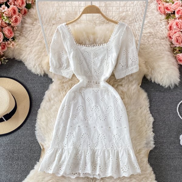Summer New Square Collar Puff Sleeve Hollow Crocheted Ruffled Waist Slim Fit Temperament Sheath Dress Short Sleeve - Image 5