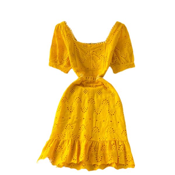 Summer New Square Collar Puff Sleeve Hollow Crocheted Ruffled Waist Slim Fit Temperament Sheath Dress Short Sleeve - Image 6