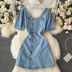 Midriff Outfit Denim Dress for Women Summer New French Square Collar Temperament Small Size Puff Sleeve A- line Skirt Skirt