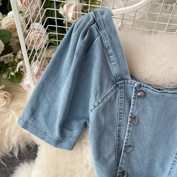Midriff Outfit Denim Dress for Women Summer New French Square Collar Temperament Small Size Puff Sleeve A- line Skirt Skirt - Image 3