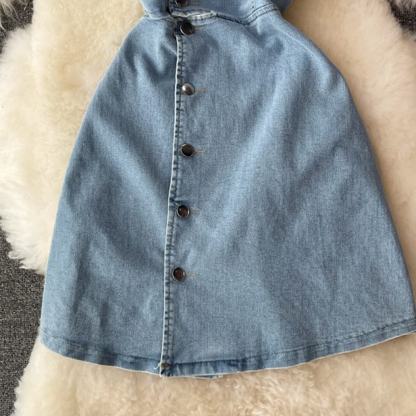 Midriff Outfit Denim Dress for Women Summer New French Square Collar Temperament Small Size Puff Sleeve A- line Skirt Skirt - Image 4