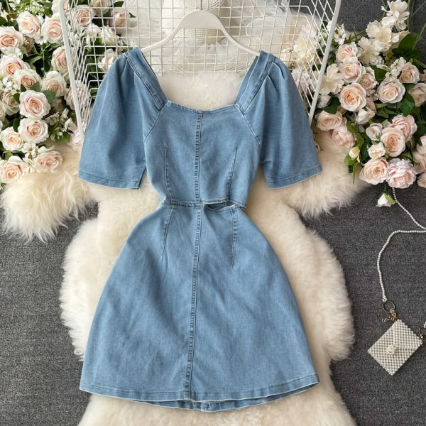 Midriff Outfit Denim Dress for Women Summer New French Square Collar Temperament Small Size Puff Sleeve A- line Skirt Skirt - Image 5
