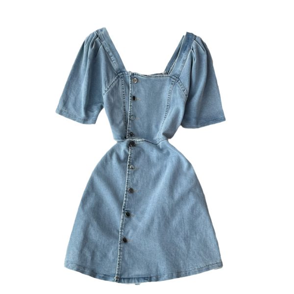 Midriff Outfit Denim Dress for Women Summer New French Square Collar Temperament Small Size Puff Sleeve A- line Skirt Skirt - Image 6