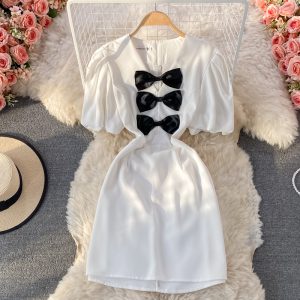 Summer New Retro Small Waist-Tight Slimming V-Neckline Three-Dimensional Bow Decoration Puff Sleeve Dress