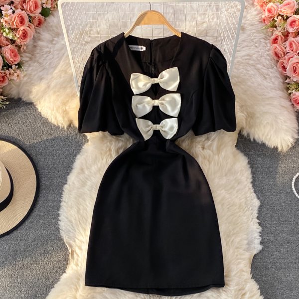 Summer New Retro Small Waist-Tight Slimming V-Neckline Three-Dimensional Bow Decoration Puff Sleeve Dress - Image 3