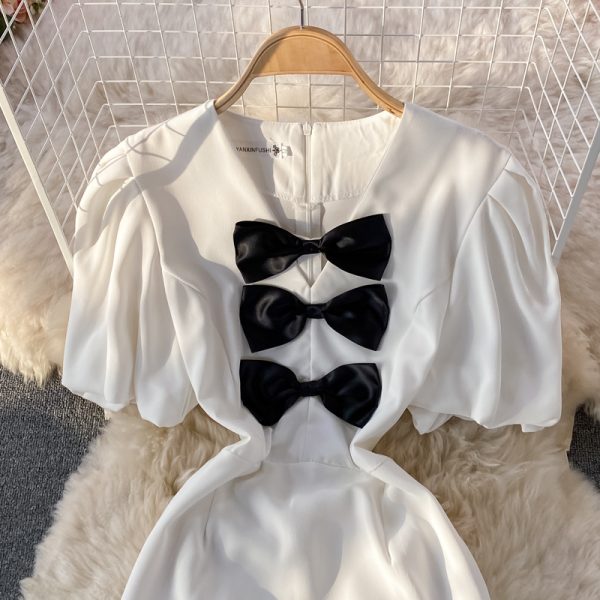 Summer New Retro Small Waist-Tight Slimming V-Neckline Three-Dimensional Bow Decoration Puff Sleeve Dress - Image 4