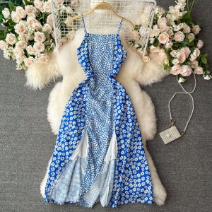 French Style Vintage Floral Split Sling Dress Bohemian Sanya Seaside Holiday Beach Dress Large Swing Dress