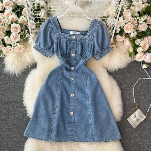 Summer New Temperament Square Collar Puff Sleeve Waist Slimming Small A- line Skirt Denim French Dress