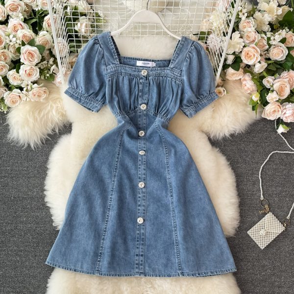 Summer New Temperament Square Collar Puff Sleeve Waist Slimming Small A- line Skirt Denim French Dress - Image 2